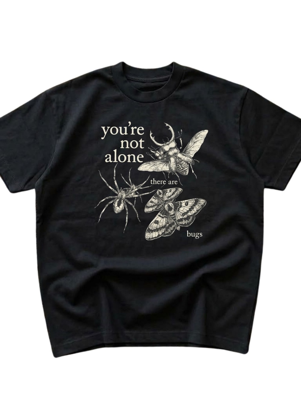 You’re Not Alone Black Graphic Tee with Bug Illustration
